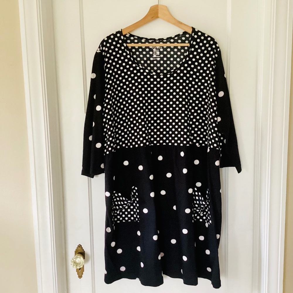 Ulla Popken black and white polka dot tunic dress Pockets 3/4 Sleeve Size 20-22